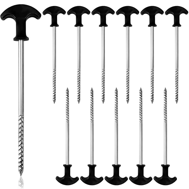 JUQG threaded steel tent pegs with black T-shaped plastic handles and a carry bag