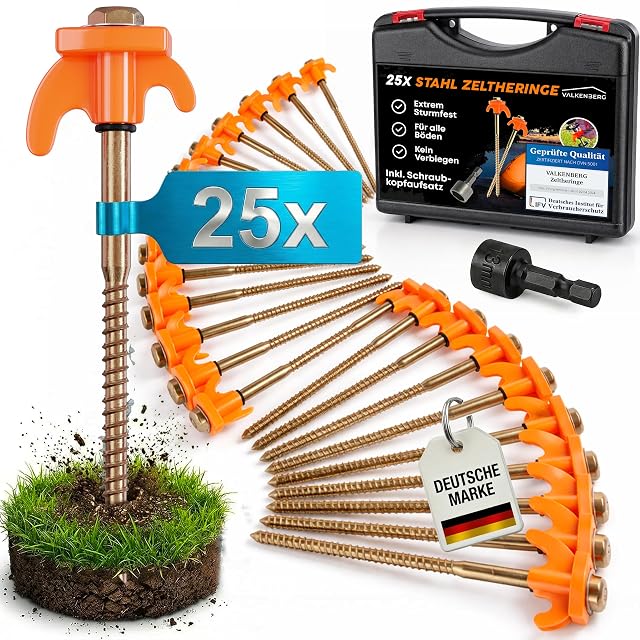 VALKENBERG steel screw-in tent pegs with a socket key and a carry box