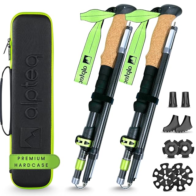 Alpteq folding carbon trekking poles in lime green with cork grips