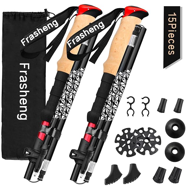 Frasheng telescopic trekking poles with cork grips and rubber tip attachments