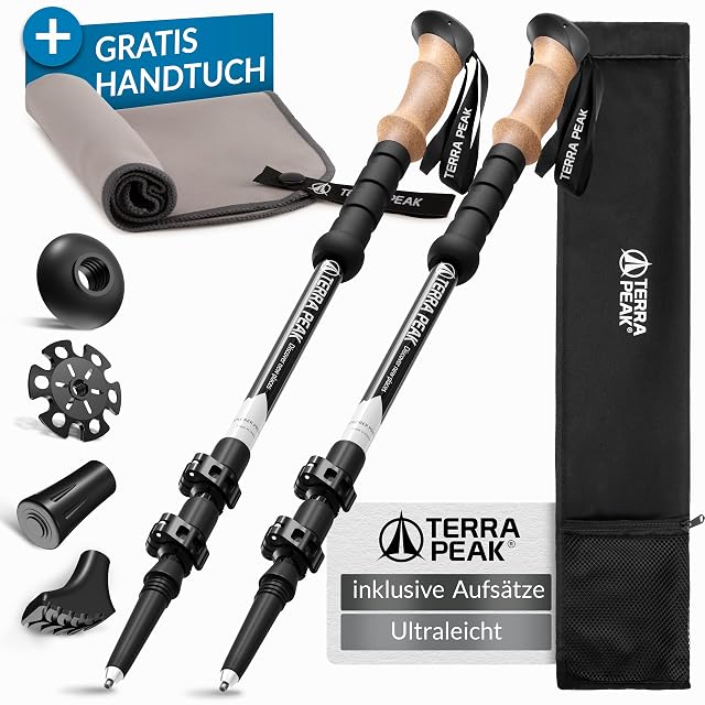 Terra Peak telescopic aluminium trekking poles with cork grips and rubber buffers