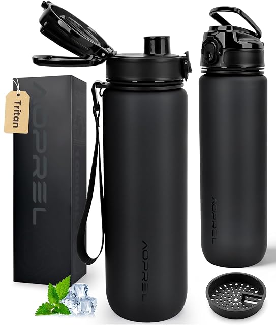 AOPREL one litre Tritan water bottle with time markings and a carrying strap