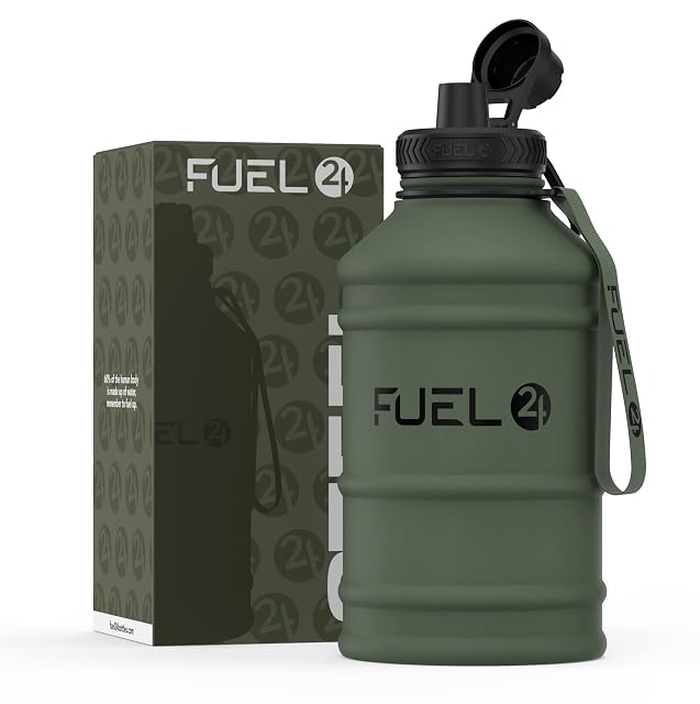 Fuel24 rubberised stainless steel water jug with a wide handle and carrying strap