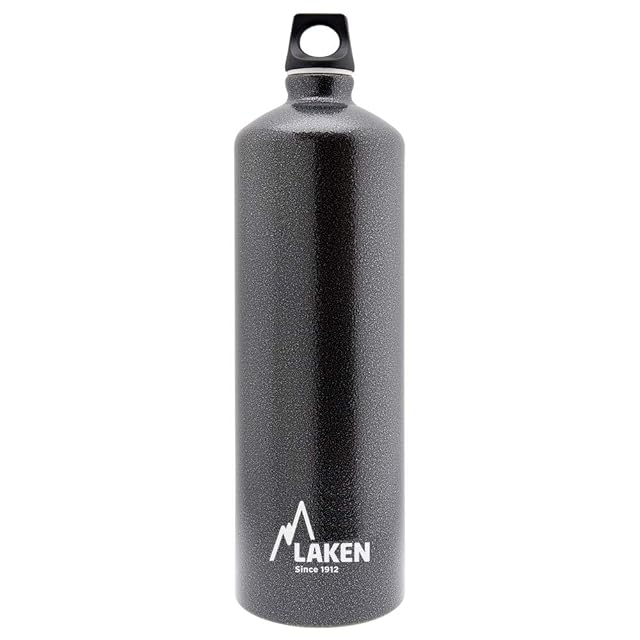 Laken Futura granite grey aluminium water bottle with a screw cap and carrying loop