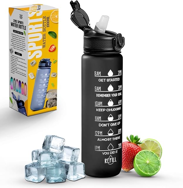 Roe Tenpo one litre Tritan sports bottle with an integrated straw and time markings